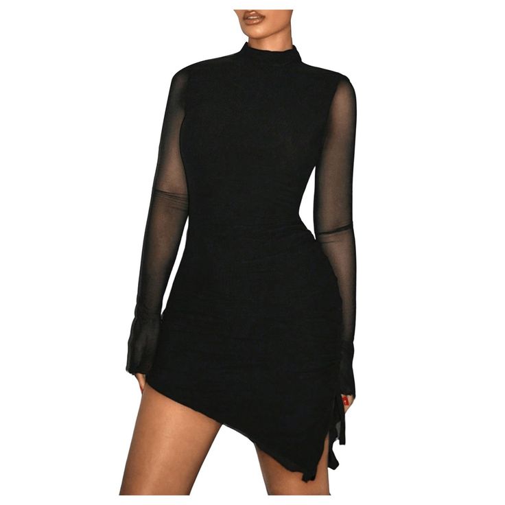 Shenhe Mock Neck Ruched Mesh Midi Dress Black 1