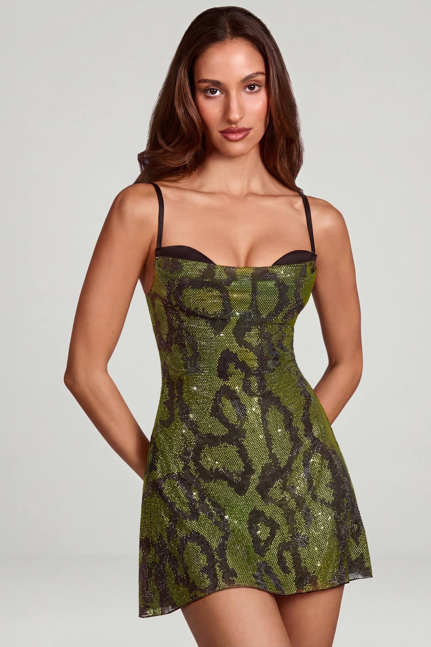 Margot Embellished Cowl Neck Mini Dress in Green Snake line Mini Dress in Green Snake 8