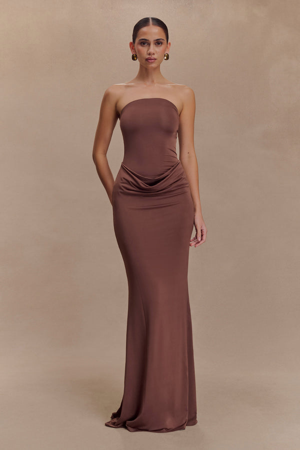 Madison Slinky Strapless Maxi Dress in Chocolate