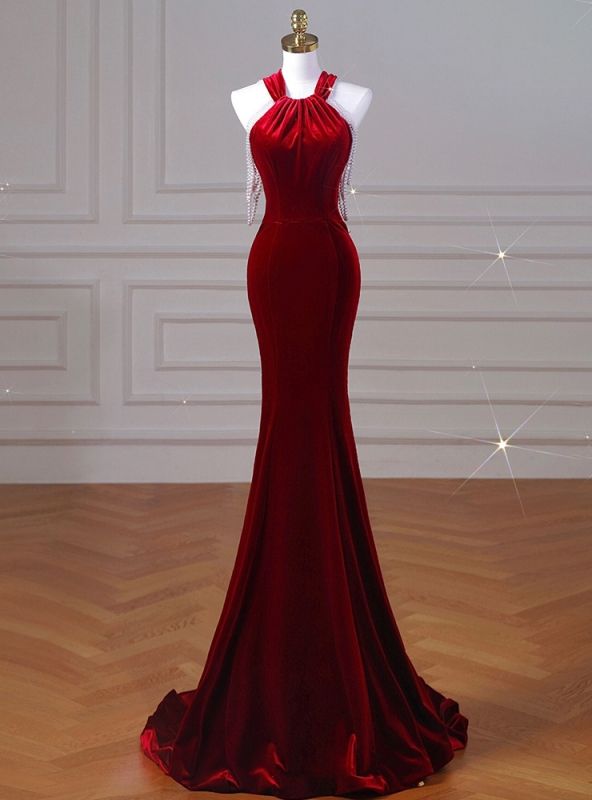 Margot Velvet Halter Mermaid Dress Burgundy 1