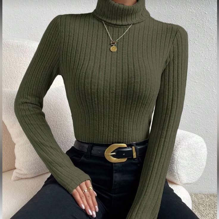 Margot Ribbed Turtleneck Top Olive 1