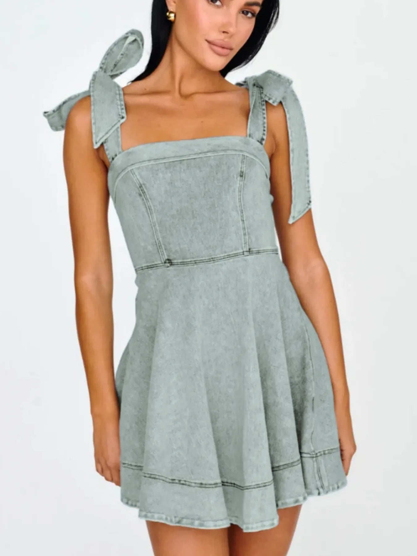 Rosalie Bow-Shoulder Denim Mini Dress Shoulder Square Neck Denim Mini Dress 5