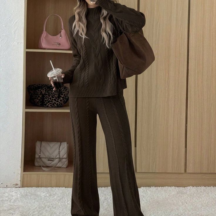 Jessa Knit Sweater & Pants Set Brown 1
