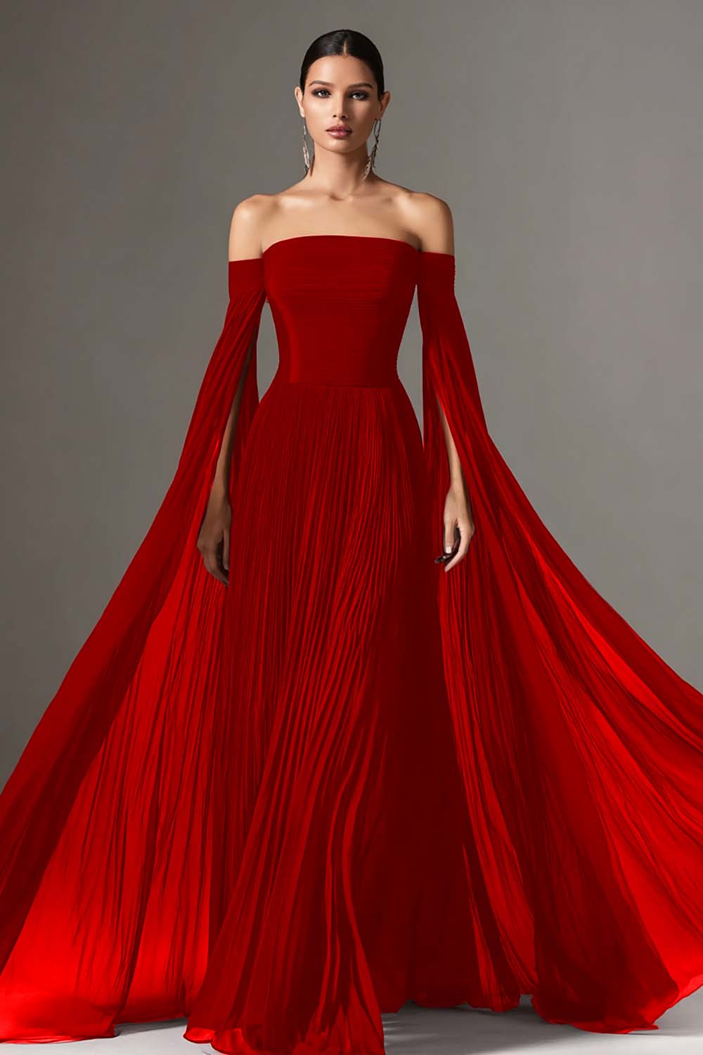 Margot Chiffon Off-Shoulder Gown with Cape Red 8