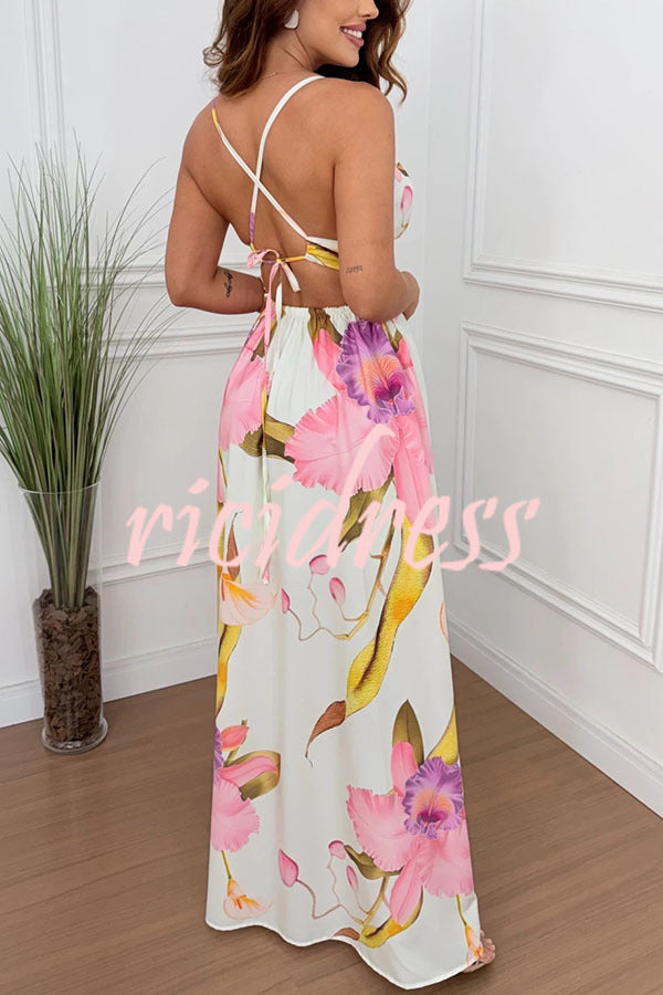 Seinah Floral Lace-Up Maxi Dress Beige 10