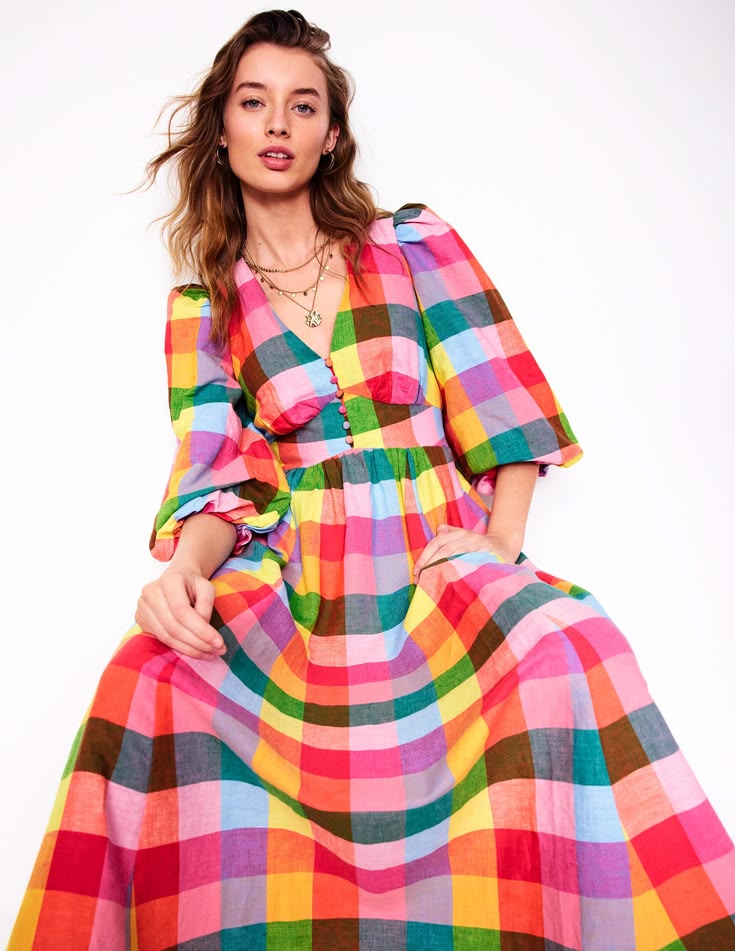 Lola Blouson Maxi Dress in Rainbow Multigingham 1