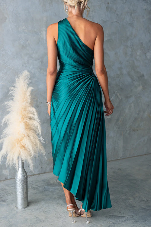 Margot One-Shoulder Pleated Satin Maxi Dress Deep Emerald 5