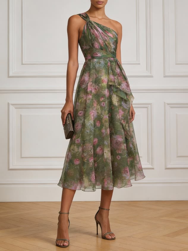 Ophelia One-Shoulder Ruched Chiffon Midi Dress Sage 1