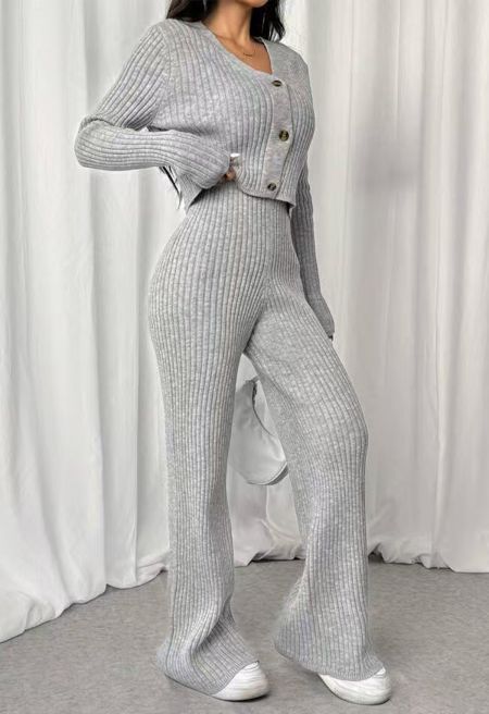 Margot Knit Crop Cardigan & Flare Pants Set Grey 1