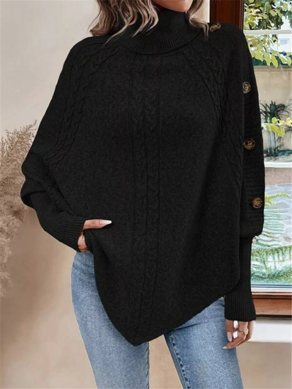 Margot Cable Knit Turtleneck Sweater Black 10