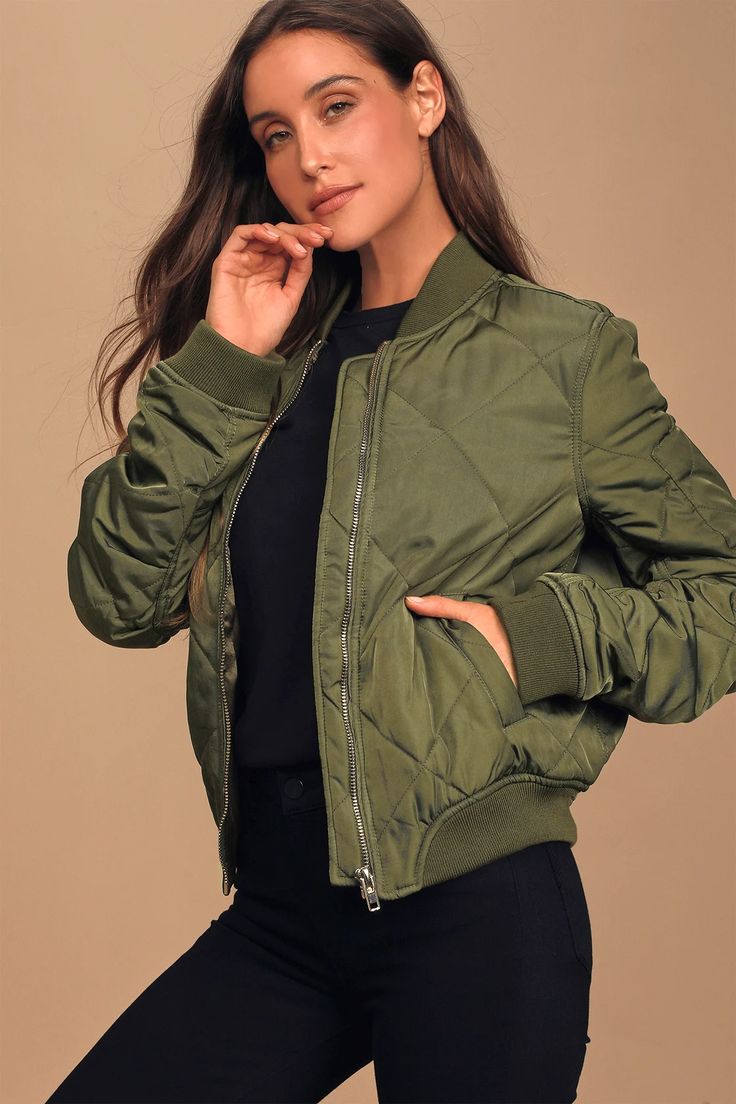 Margot Quilted Bomber Jacket in Olive Olive 1