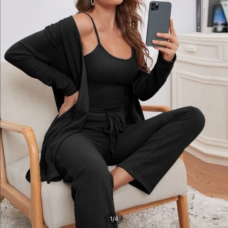 Iris Waffle Knit Cami & Knot Pants Pajama Set Black 1