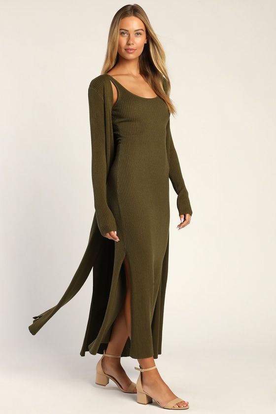 Olive Cardigan Knit Dress Set Olive 1