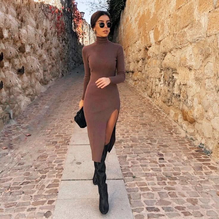 Arabella Turtleneck Knit Dress Brown 1