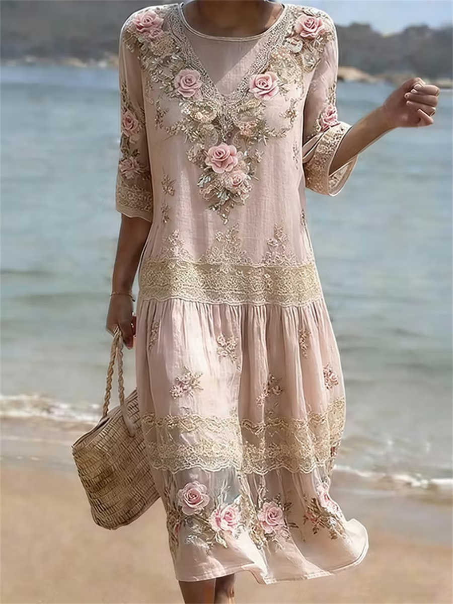 Verity Floral Lace Midi Dress Pink 1