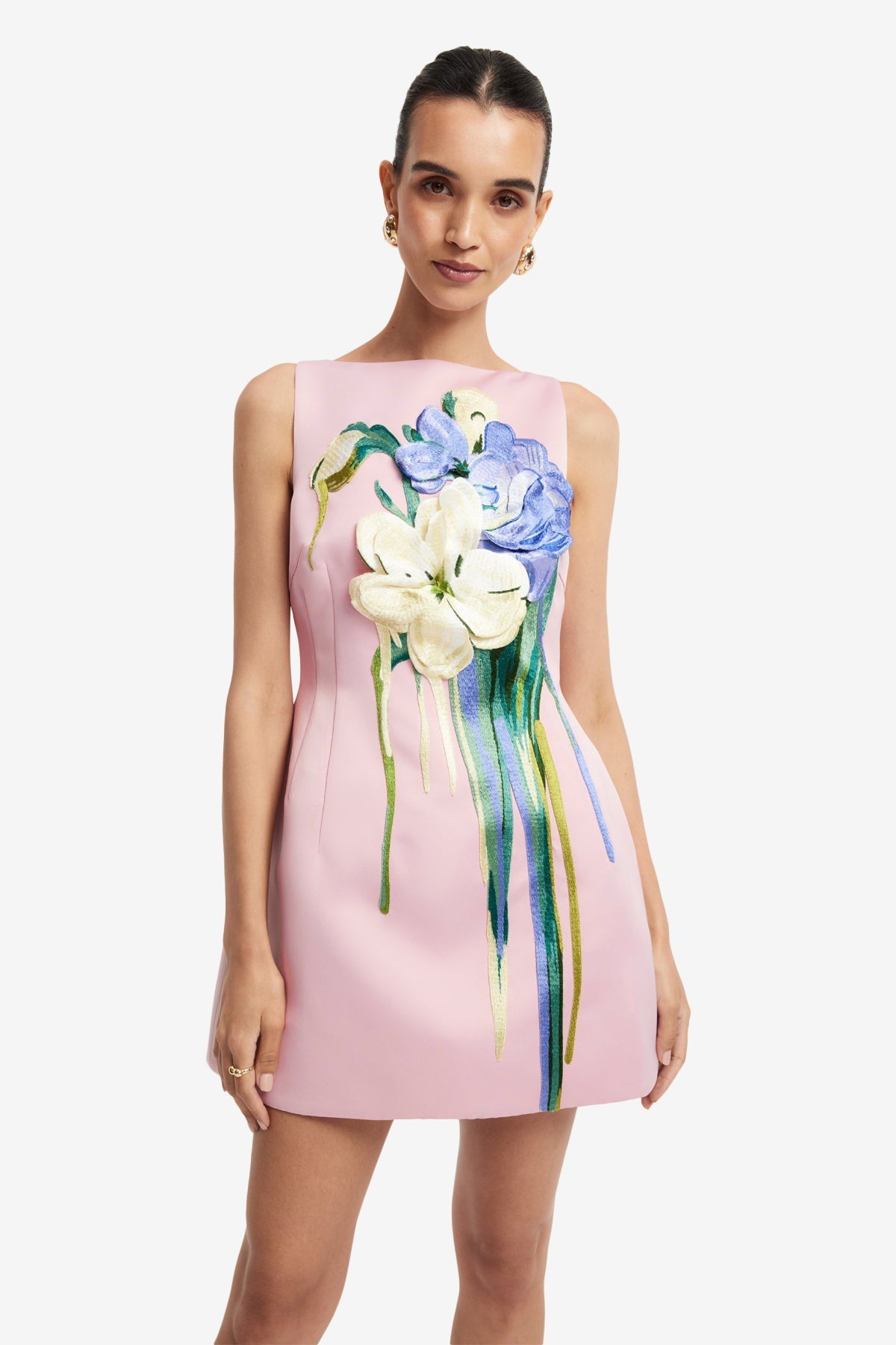 Alice Embroidered Mini Dress in Pastel Pink Bouquet Print in Pastel Pink 6