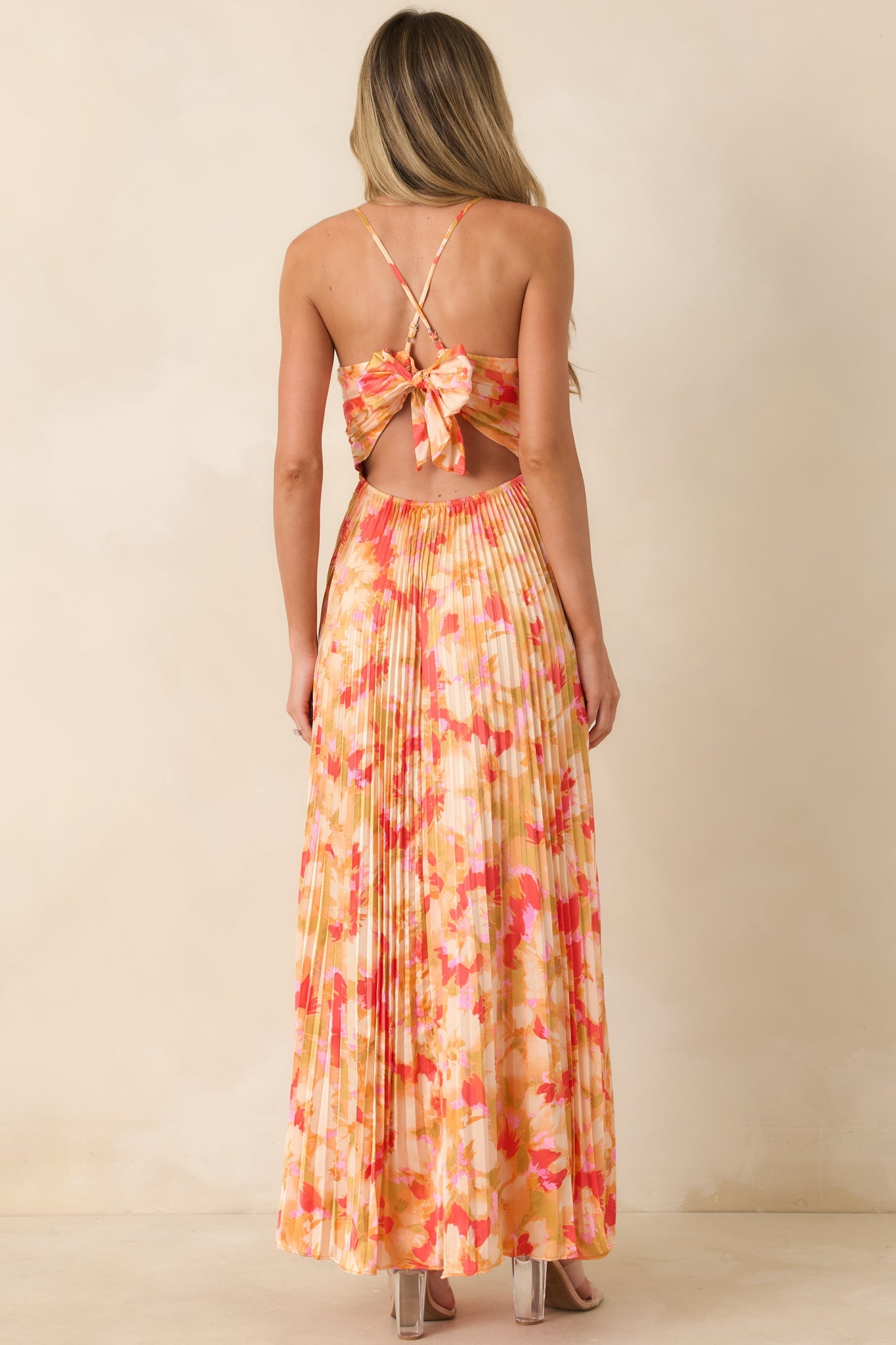 Arabella Painted Satin Maxi Dress Sunshine Peach & Red Multi Satin Finish Pleated Maxi Dress 8