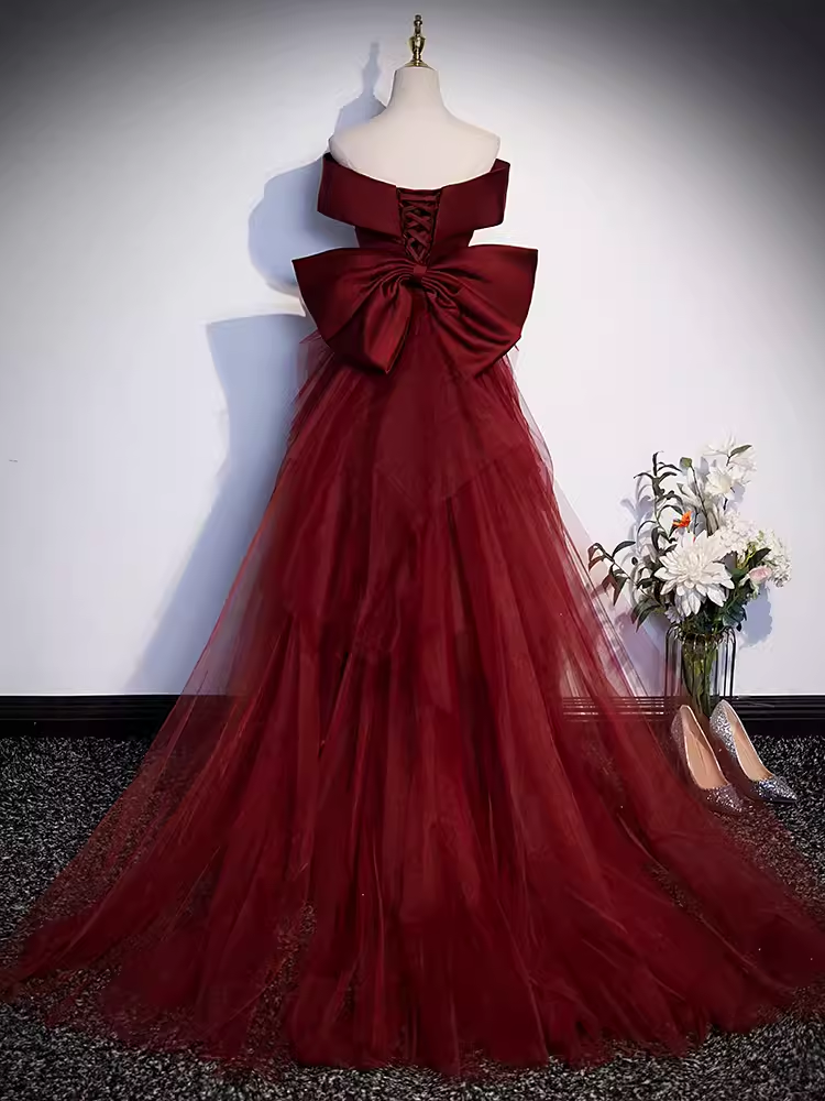 Margot A-Line Off-Shoulder Satin Gown Burgundy 4