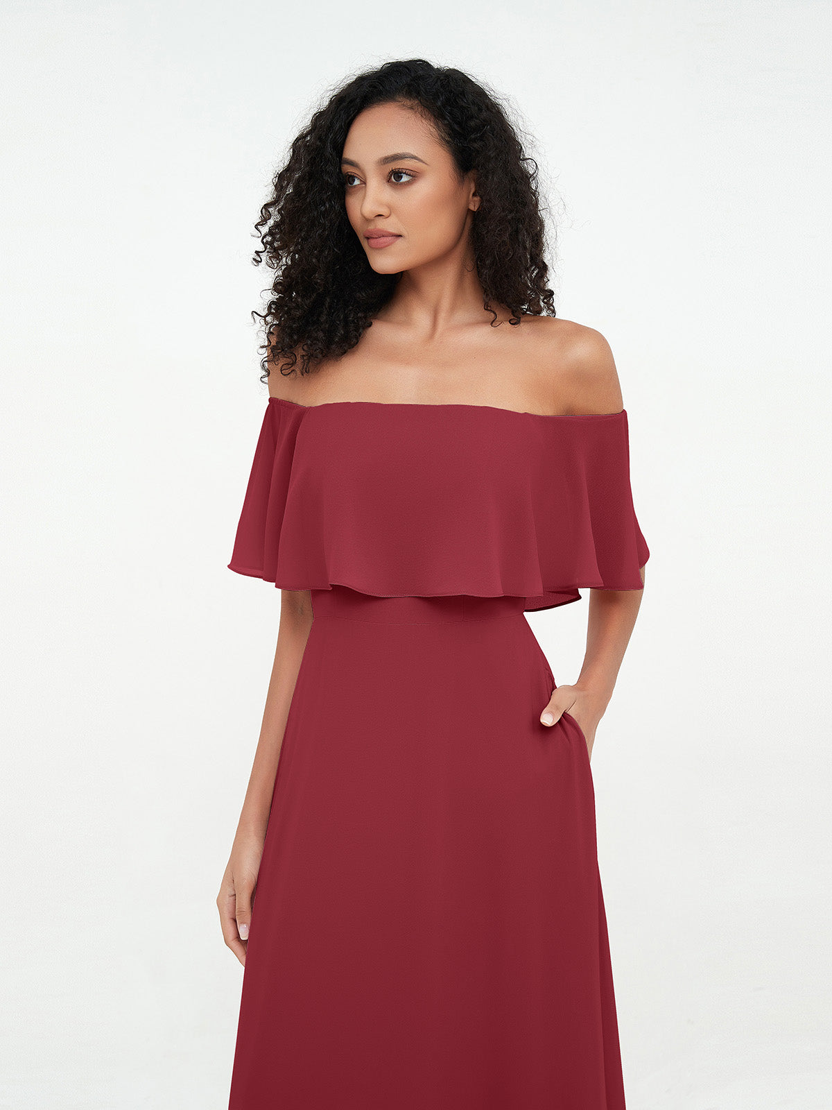 Azalea Chiffon Off-Shoulder Gown Burgundy 5