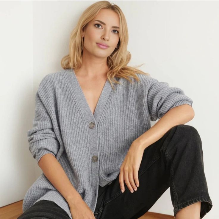 Celeste Ribbed Knit Cardigan Grey 1