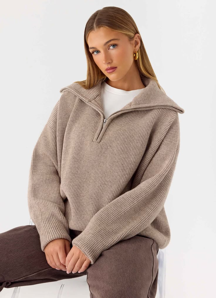 Eirena Quarter-Zip Knit Sweater Tan 1