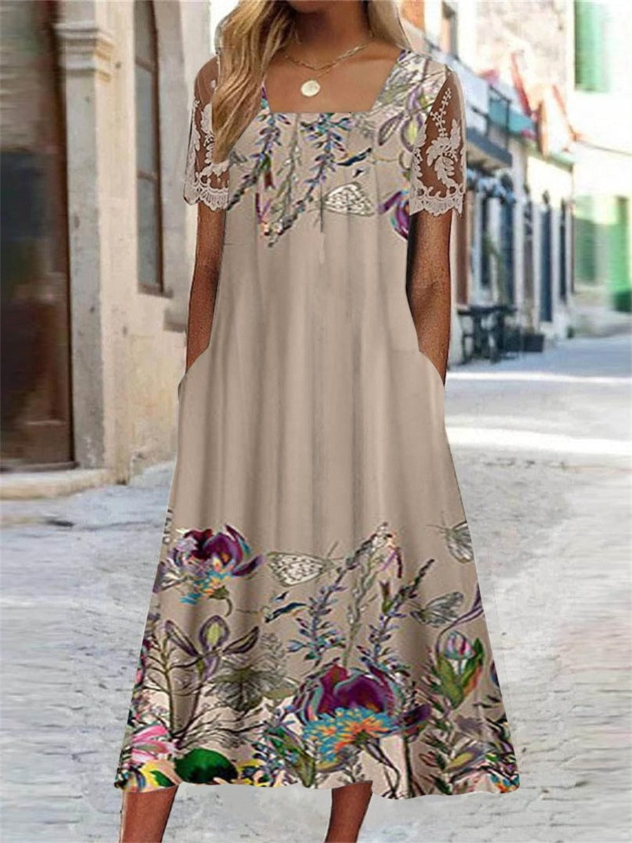 Odette Square Neck Lace Midi Dress Khaki 1