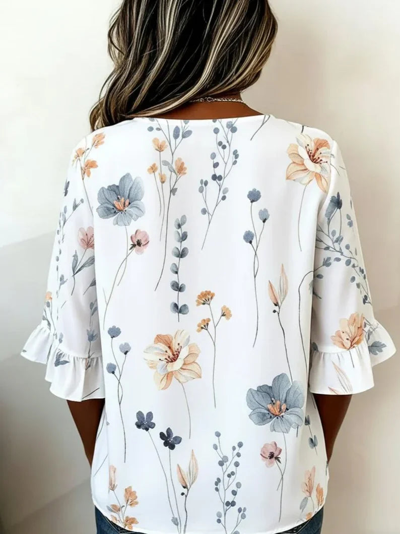 Violet Floral Half-Sleeve Blouse White 3