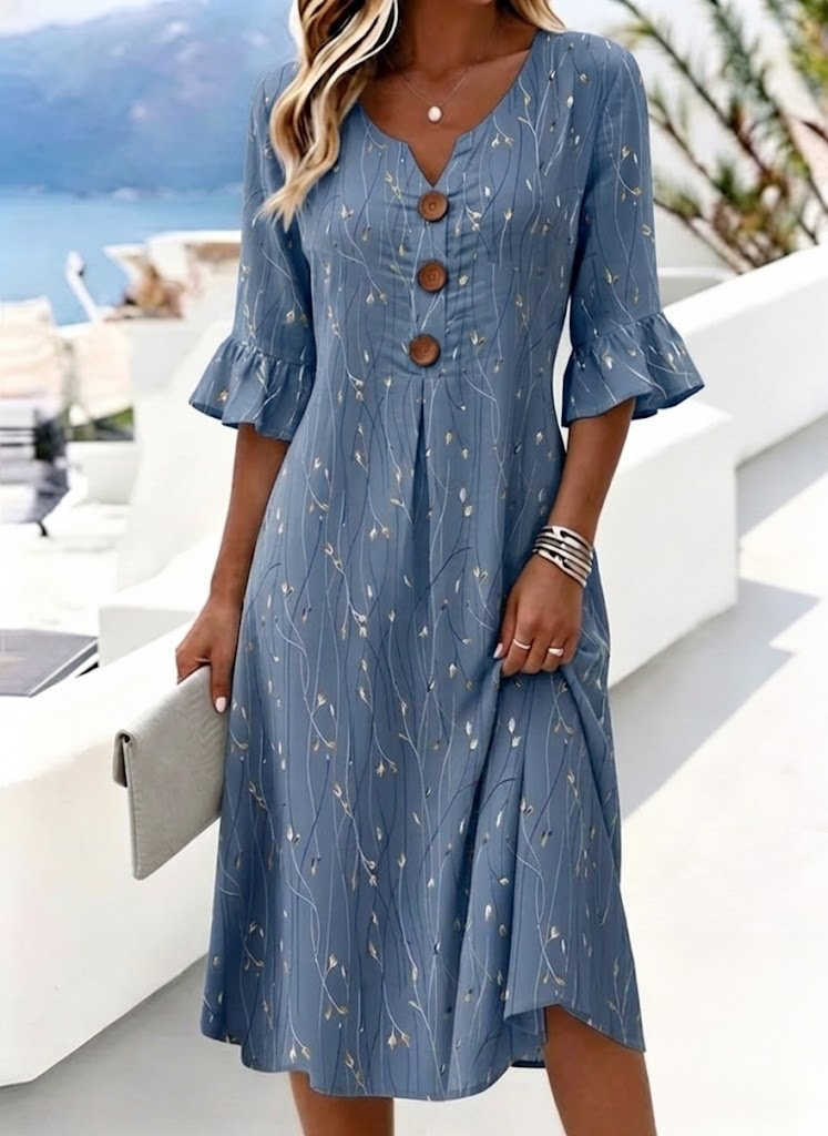 Margot V-Neck Midi Dress in Leaf Blue Blue 1