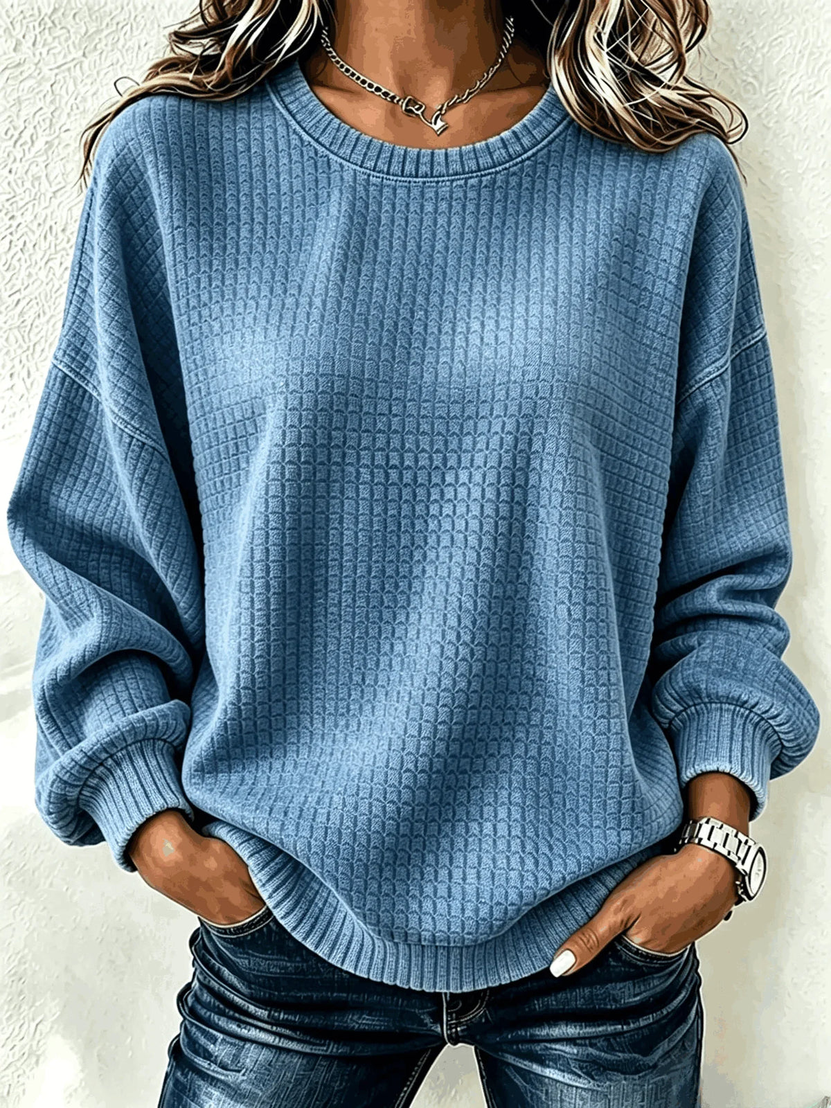 Margot Waffle Knit Sweatshirt Dress Denim Blue 1