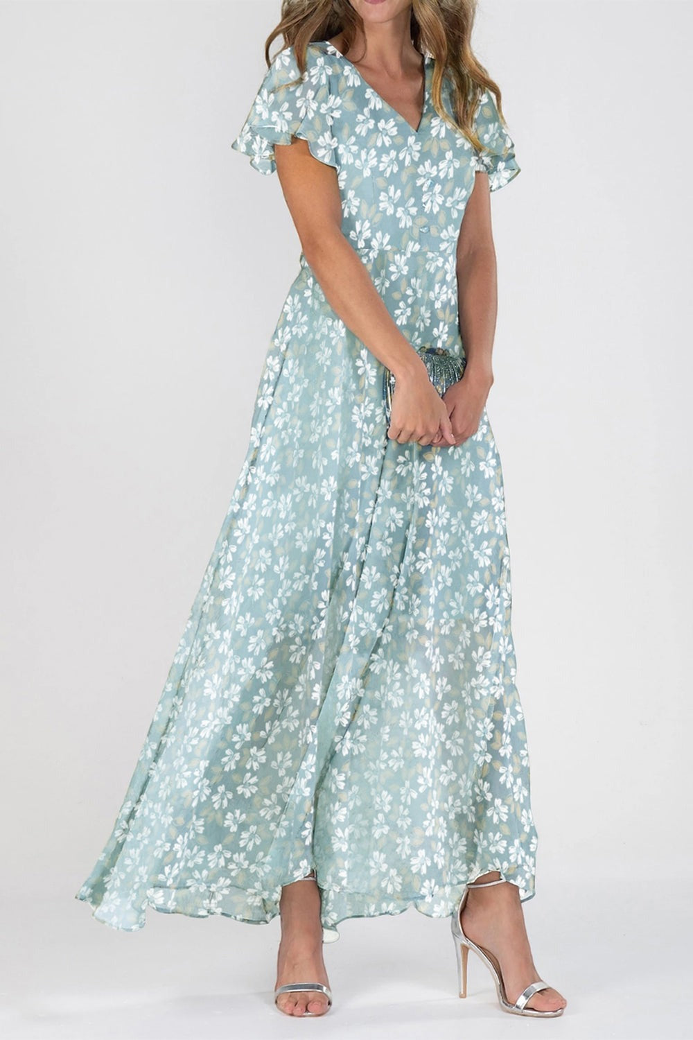 Valentina Chiffon Floral Maxi Dress Green 2