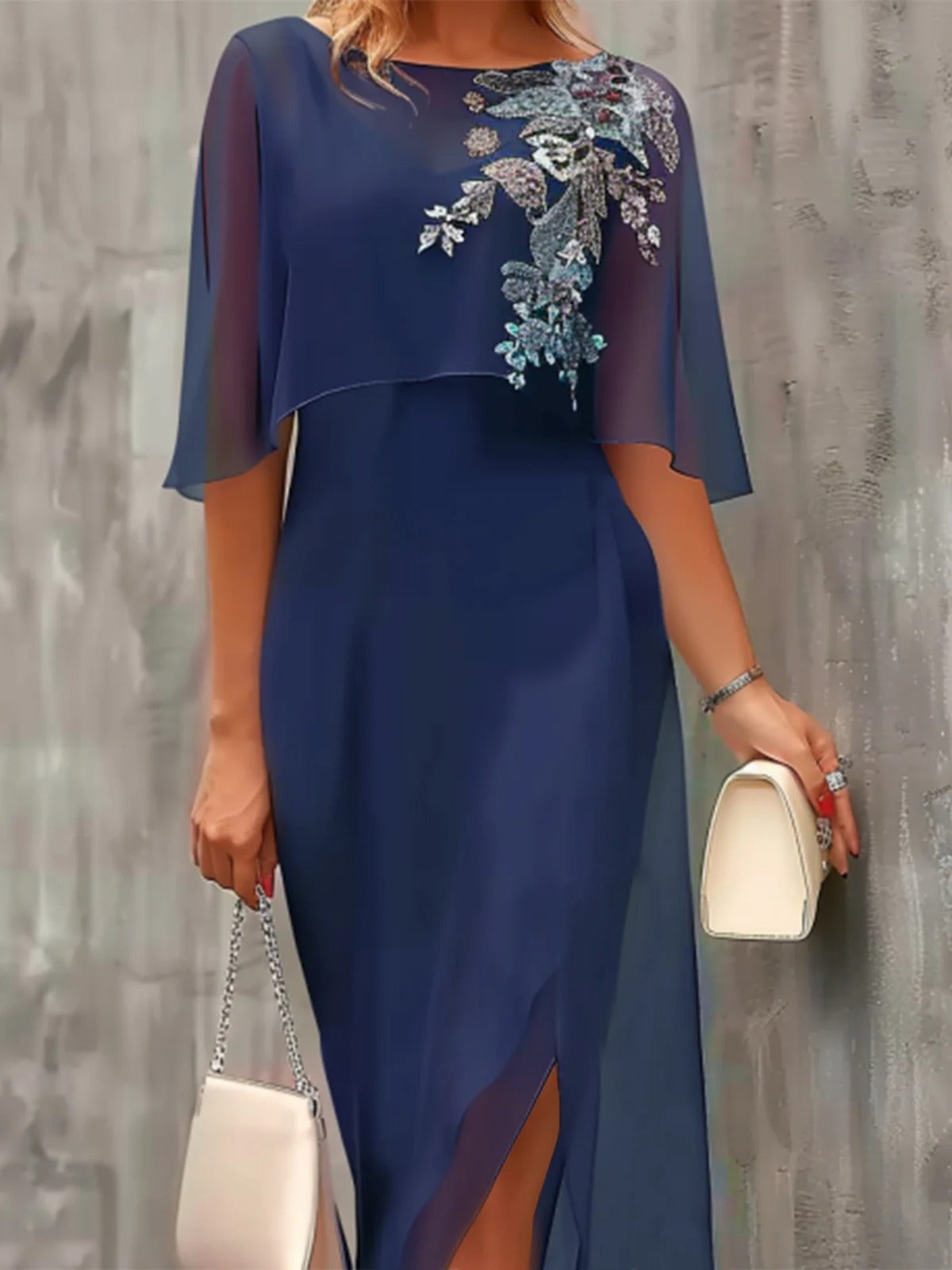 Viveca Embroidered Chiffon Midi Dress Dark Blue 1