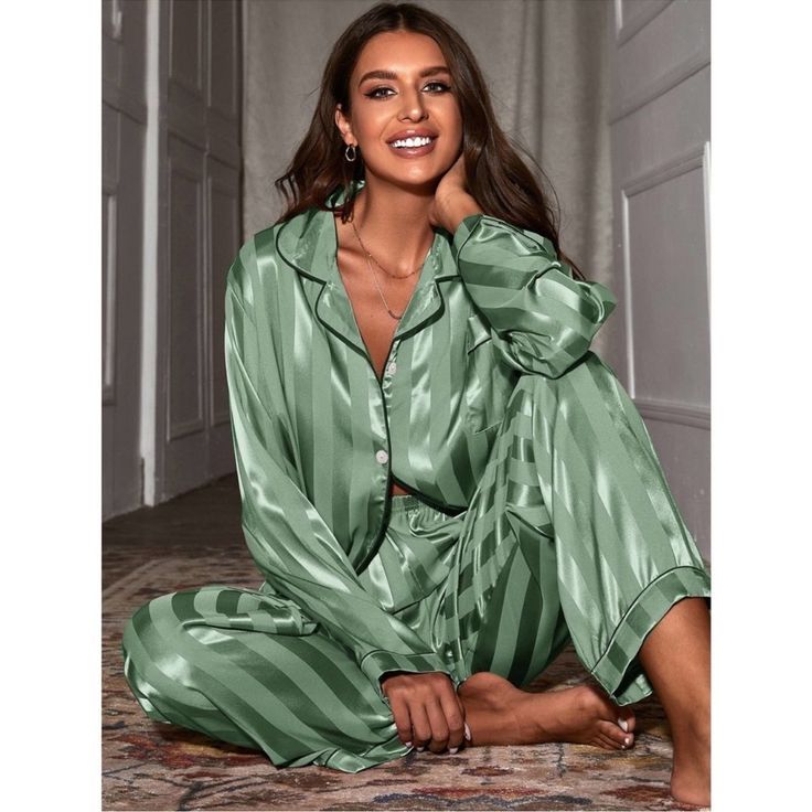 Ophelia Satin Pajama Set Green 1