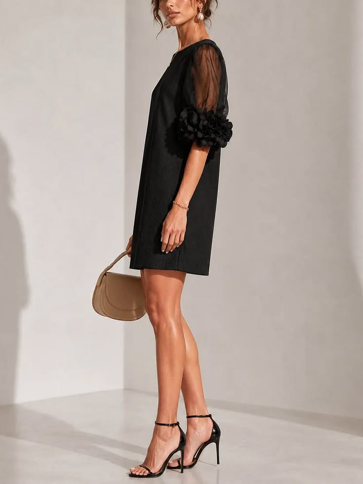Arabella Organza Mini Dress with Puff Sleeves Black 1