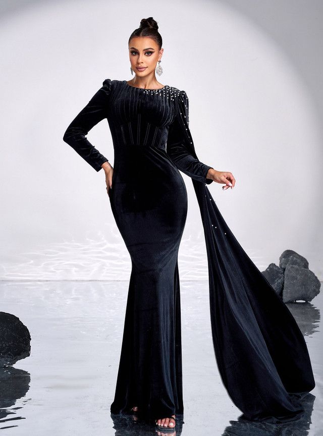 Ophelia Velvet Pearl Party Dress Black 1