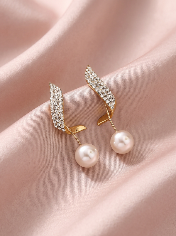 Marceline Crystal Feather Pearl Earrings