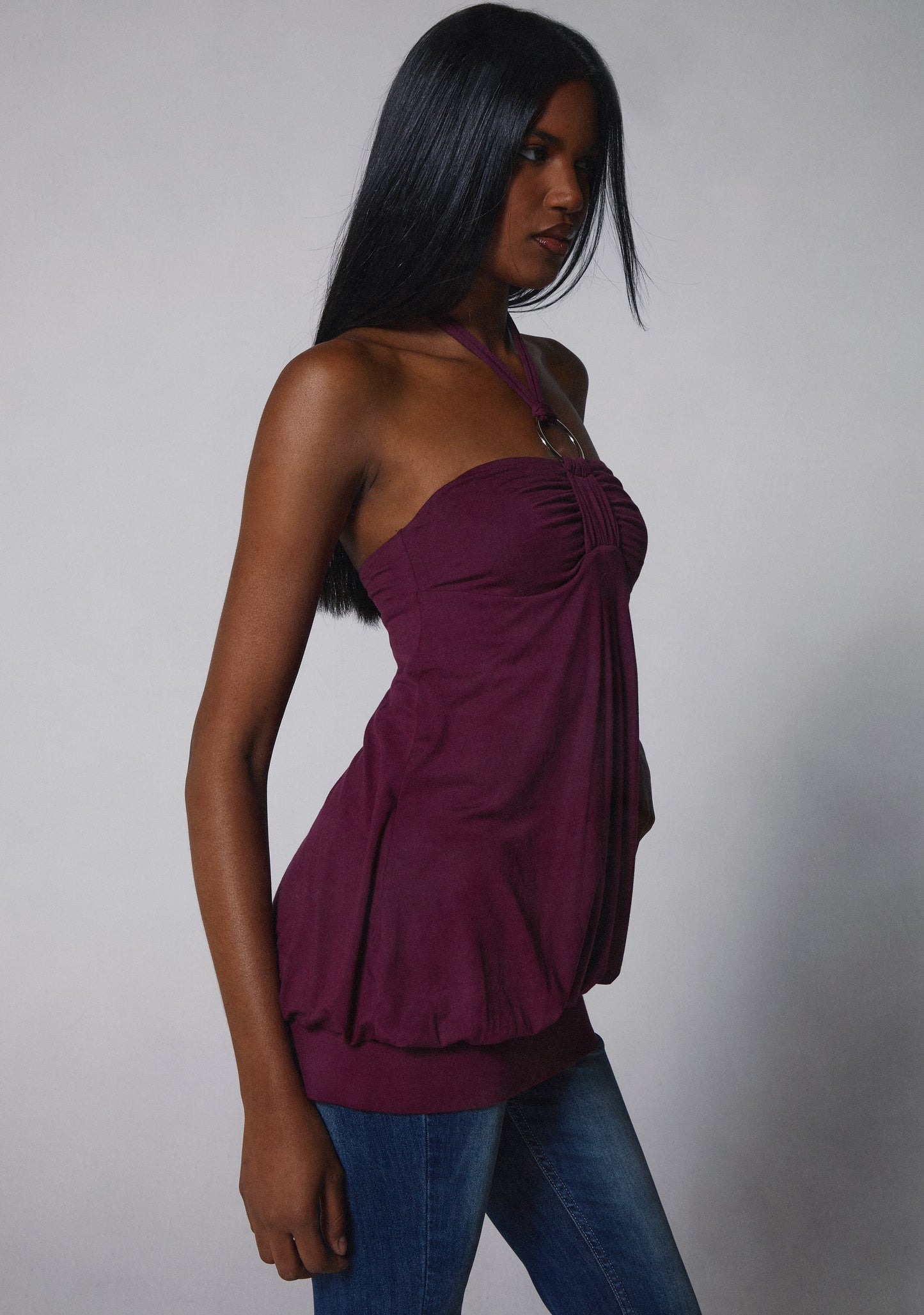 Cailée Halter Bubble Mini Dress in Black Purple 7