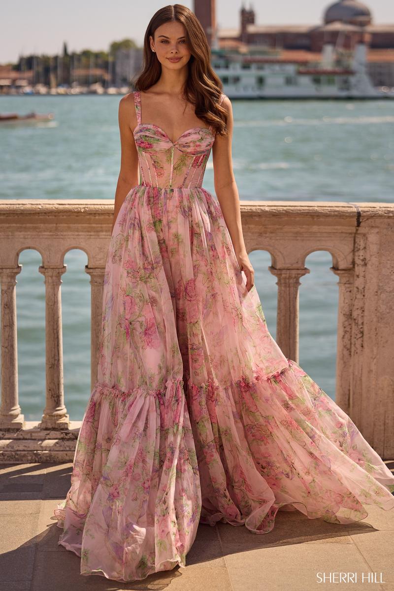 Ophelia Illusion Floral Prom Dress Light Pink Print 3