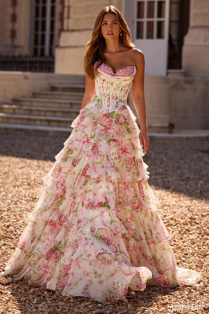 Isabelle Floral Ruffle Prom Dress Ivory/Pink/Green Print 5