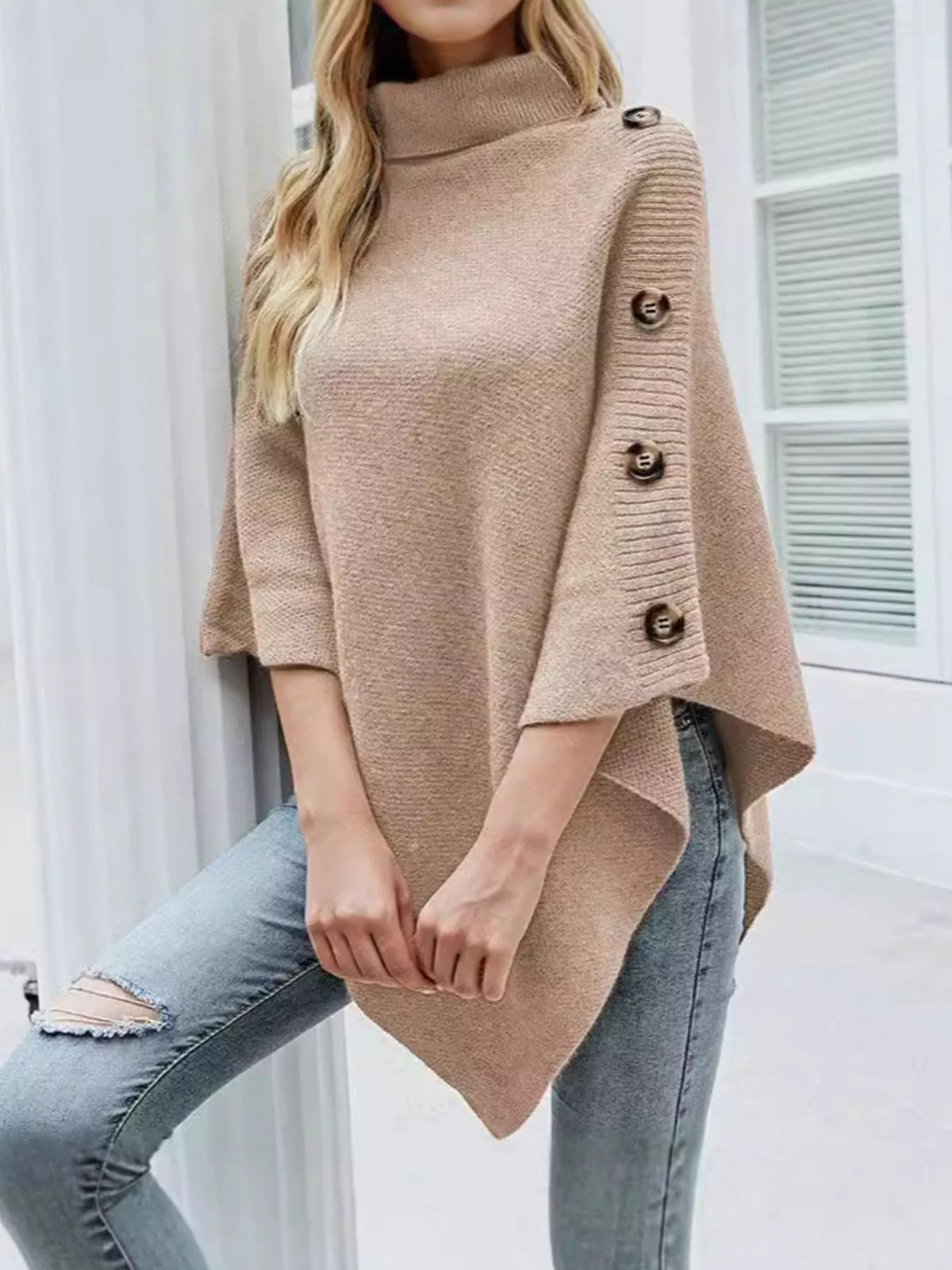 Margot Turtleneck Sweater Poncho in Red Khaki 6
