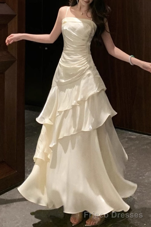 Isabelle Satin A-Line Formal Dress Line White Prom Dress features spaghetti straps Evening Dresses 1