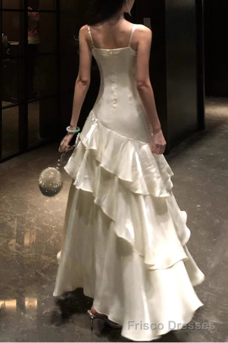 Isabelle Satin A-Line Formal Dress Line White Prom Dress features spaghetti straps Evening Dresses 4