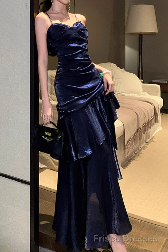 Isabelle Satin A-Line Formal Dress Line Dark Blue Prom Dress features spaghetti straps Evening Dresses 3