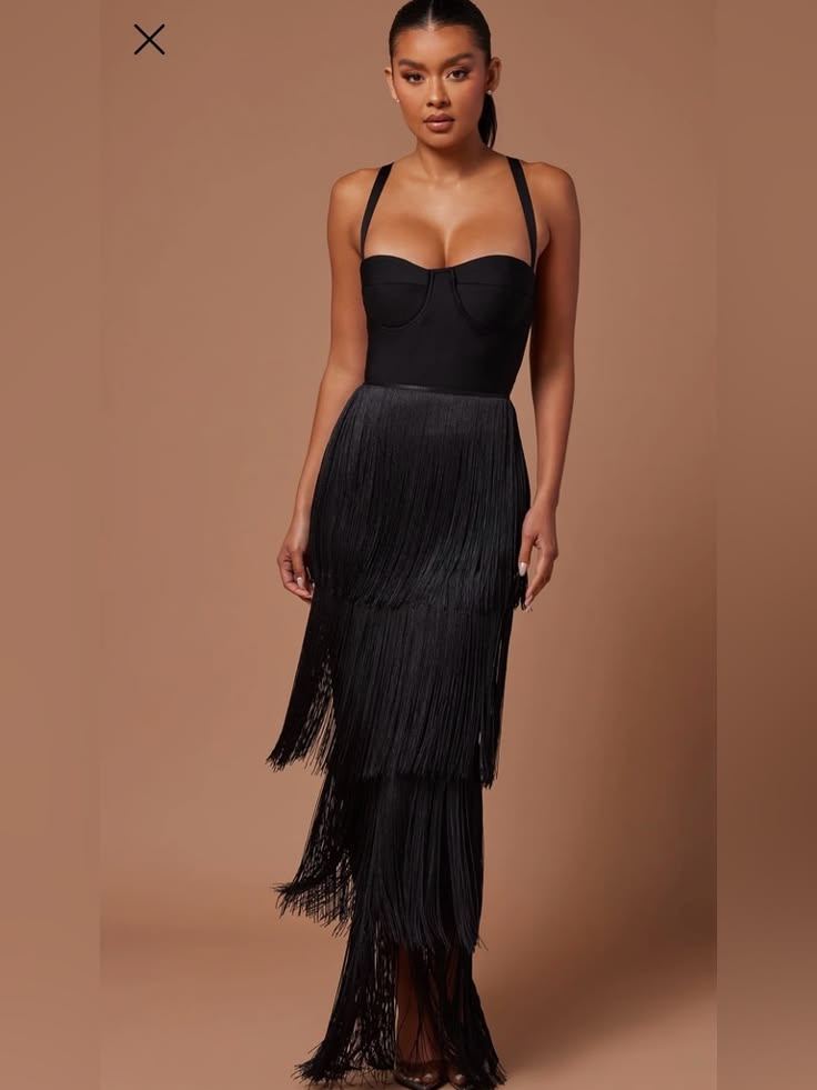 Bijou Fringe Maxi Dress Black 1