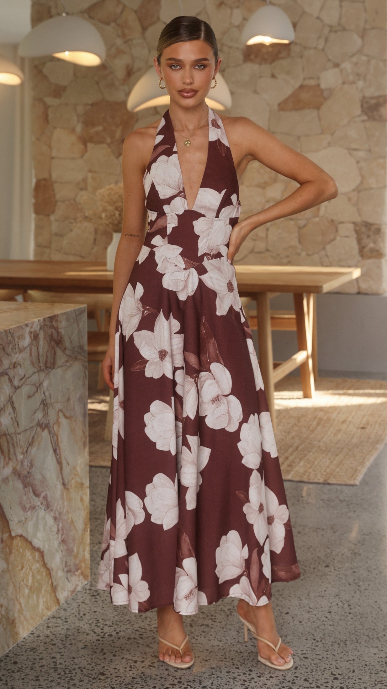 Skye Floral Maxi Dress in Chocolate Chocolate/White Floral 1