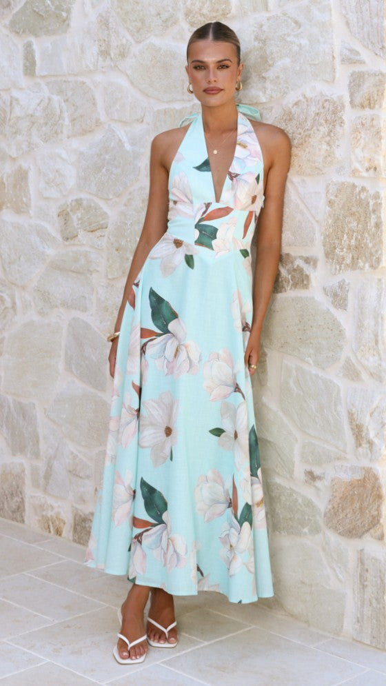 Skye Floral Maxi Dress in Chocolate Aqua/White Floral 10