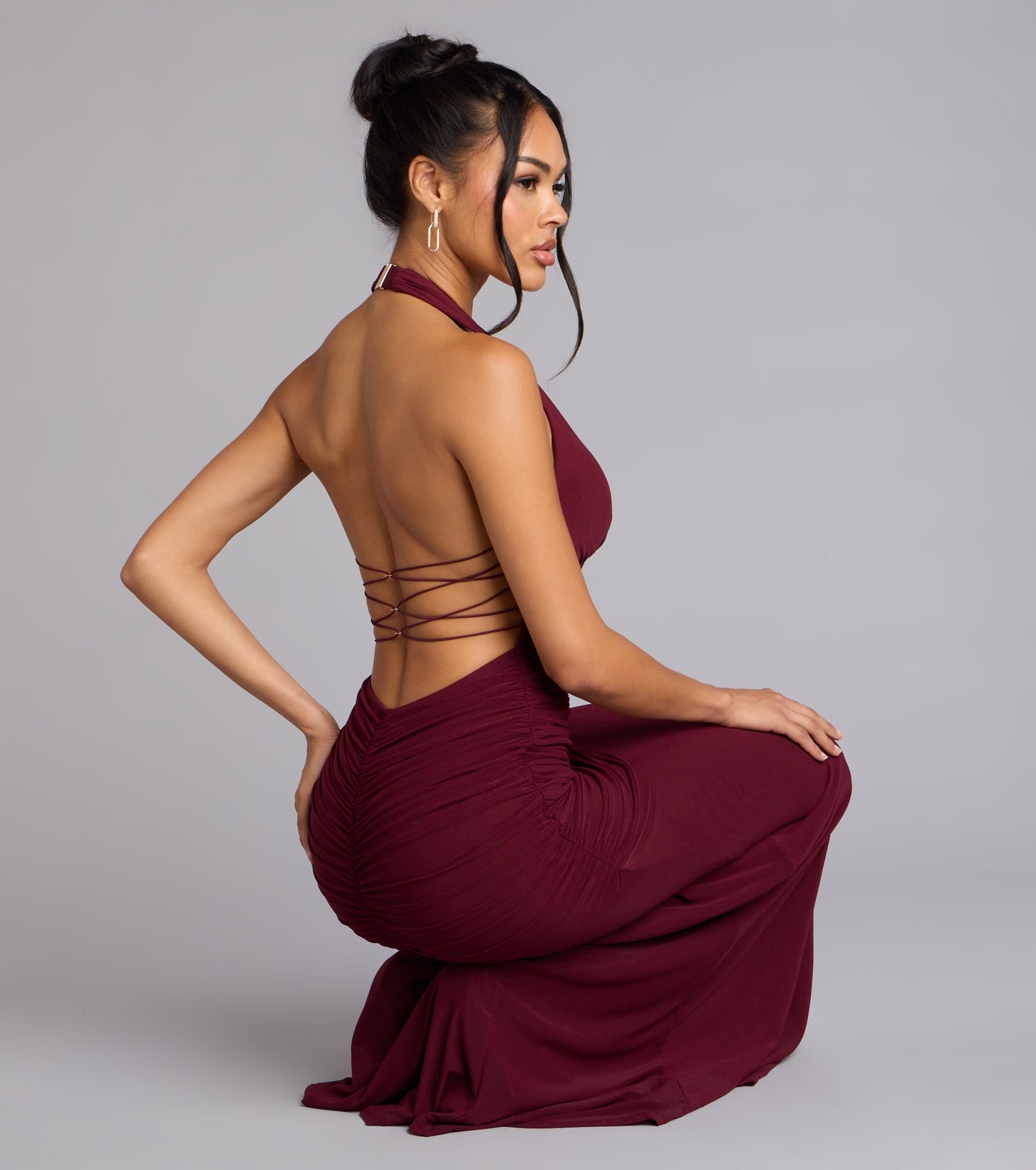 Juliana Mesh Strappy Back Formal Dress WINE 1