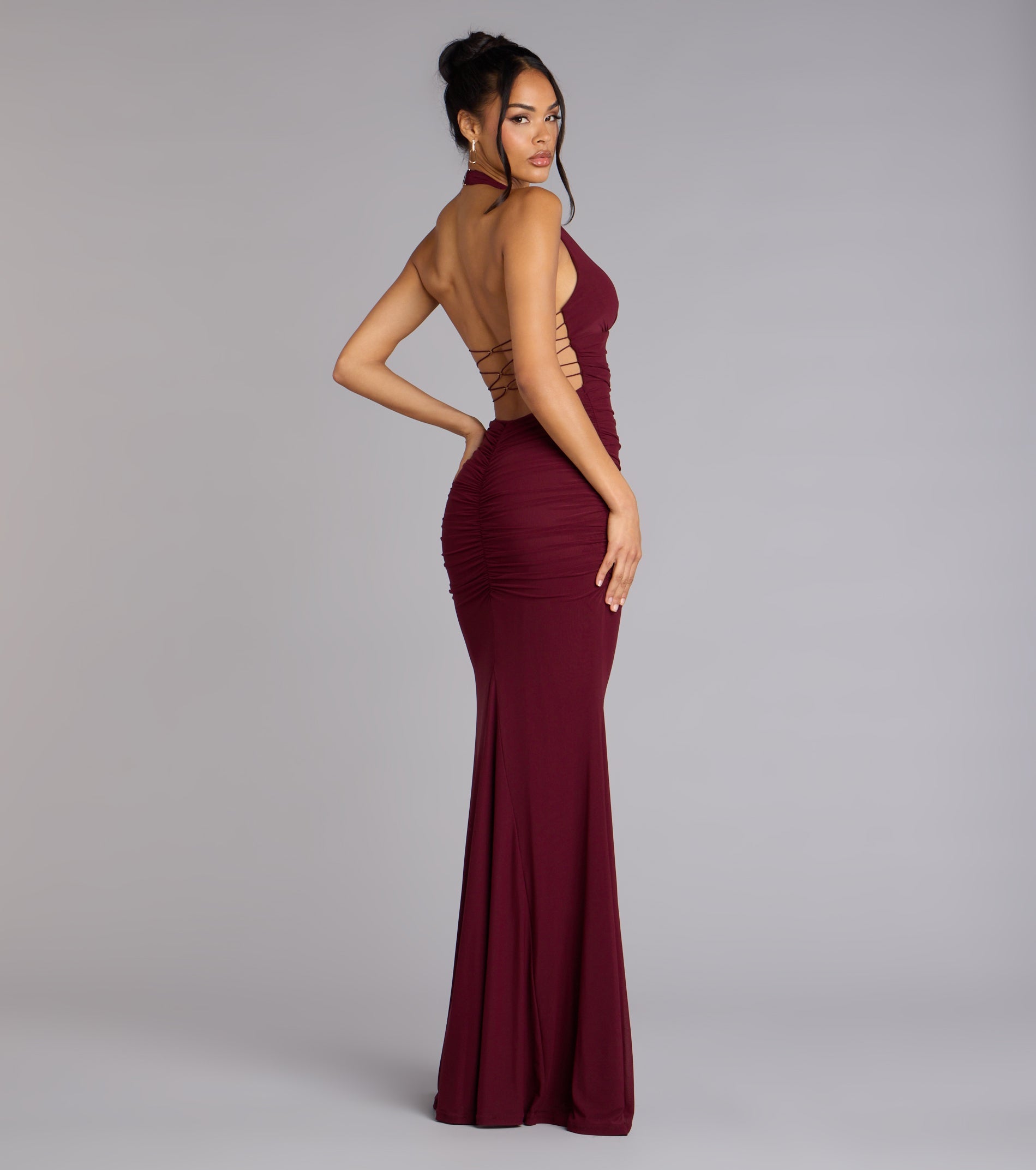 Juliana Mesh Strappy Back Formal Dress WINE 3