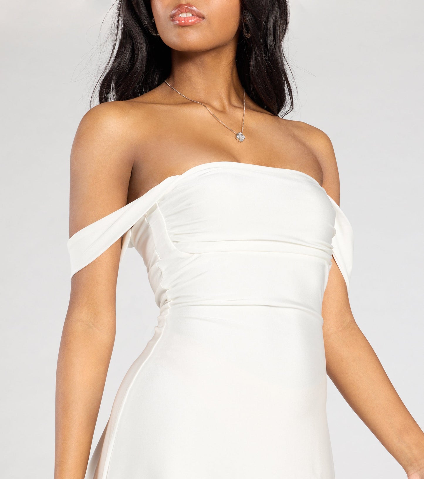MAGENTA Arabella Off-Shoulder Satin Mini Dress