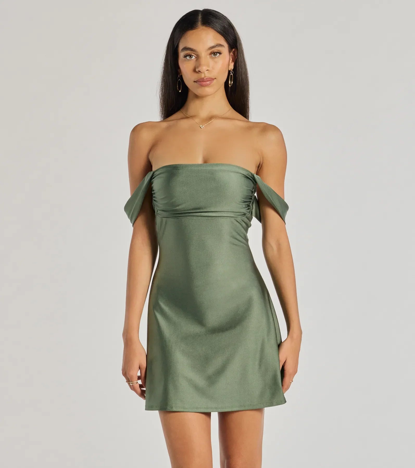 Arabella Off-Shoulder Satin Mini Dress RAISIN 2