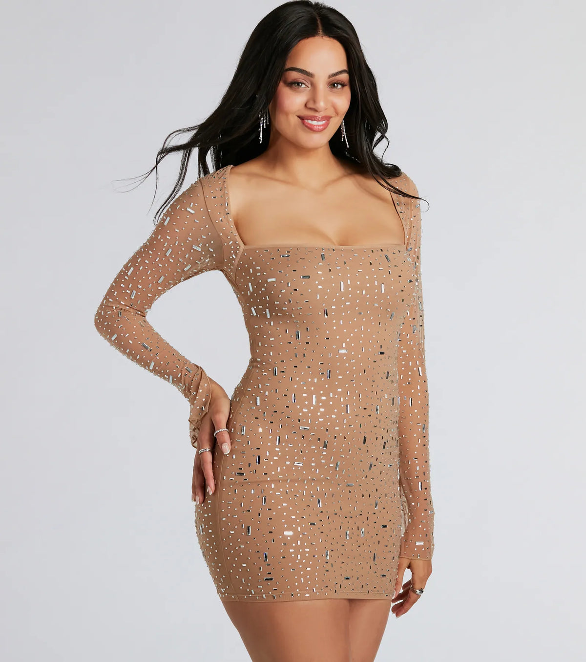 Valentina Rhinestone Mesh Mini Dress NUDE 4